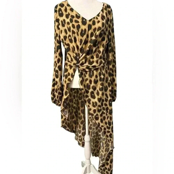 SHEIN Cheetah print top asymmetrical with v neck side zipper in black & tan LG - Picture 1 of 11